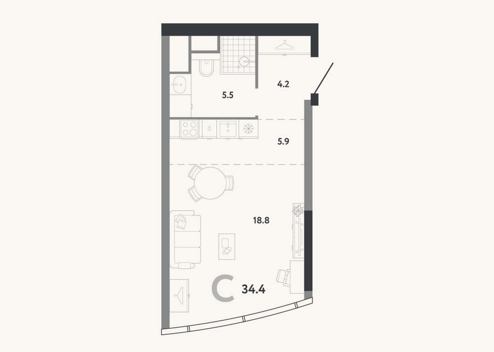 Планировка: Студия, 34,4 м²