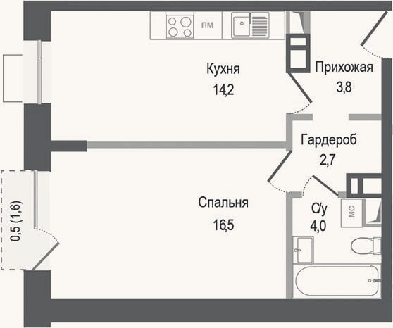 Планировка: 1-к, 41,2 м²