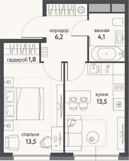 Планировка: 1-к, 39,1 м²