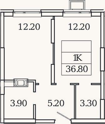 Планировка: 1-к, 36,8 м²