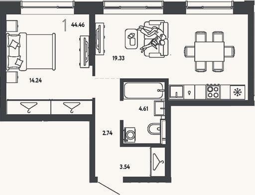 Планировка: 1-к, 44,5 м²