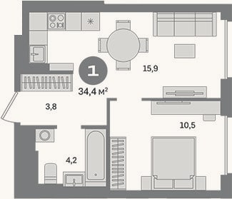 Планировка: 1-к, 34,4 м²
