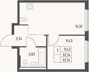 Планировка: 2-к, 32,1 м²