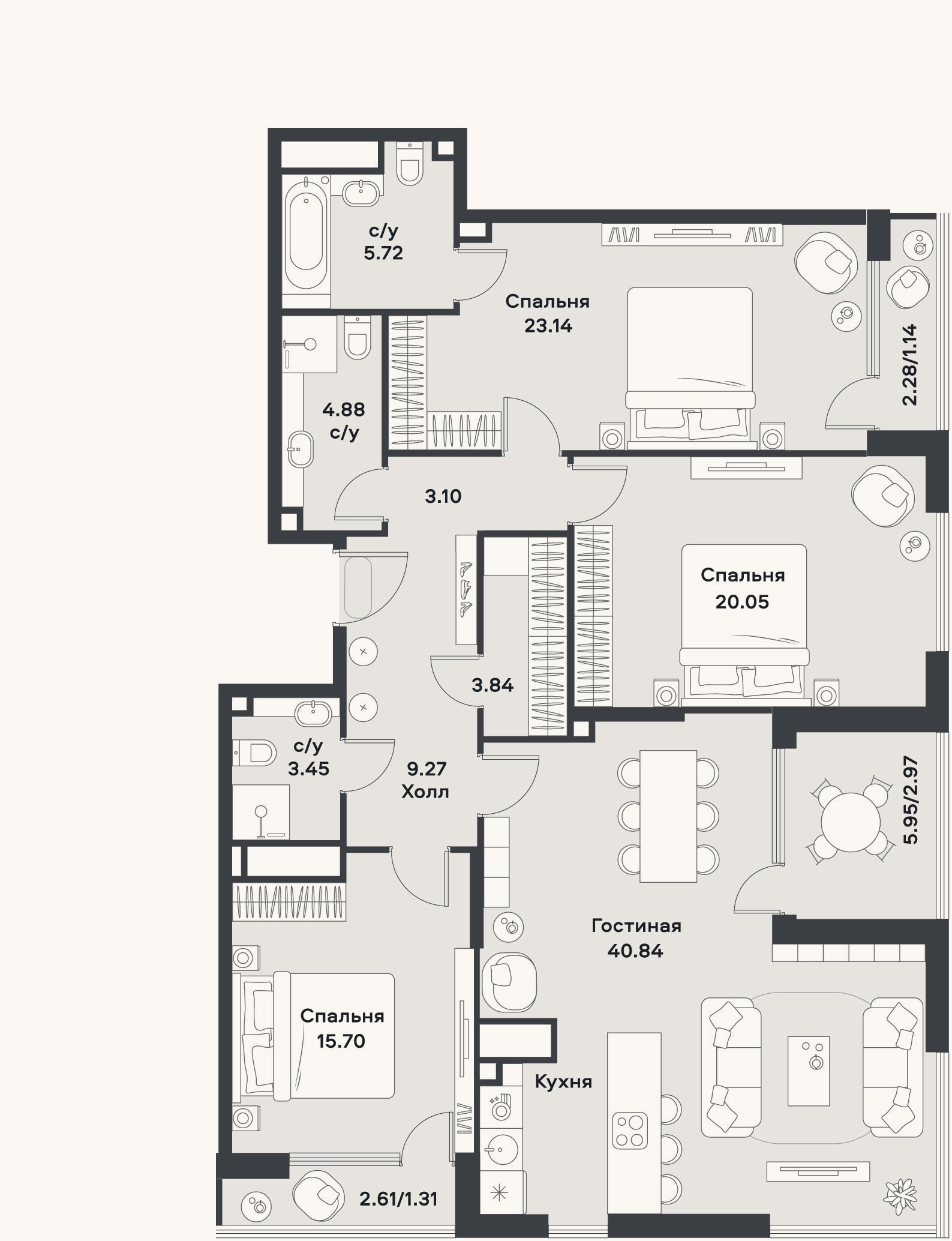 Планировка: 4+ к, 129,6 м²