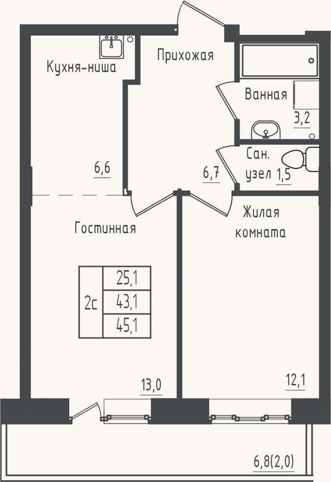 Планировка: 2-к, 43,1 м²