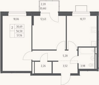 Планировка: 2-к, 56,5 м²
