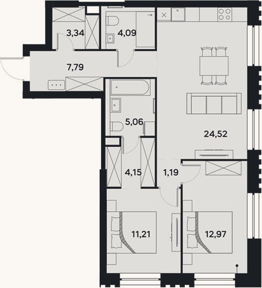 Планировка: 3-к, 74,3 м²
