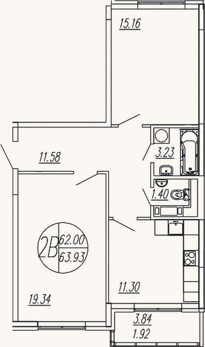 Планировка: 2-к, 62 м²