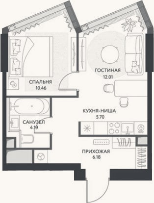 Планировка: 2-к, 38,5 м²