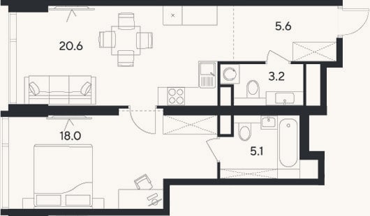 Планировка: 2-к, 52,5 м²