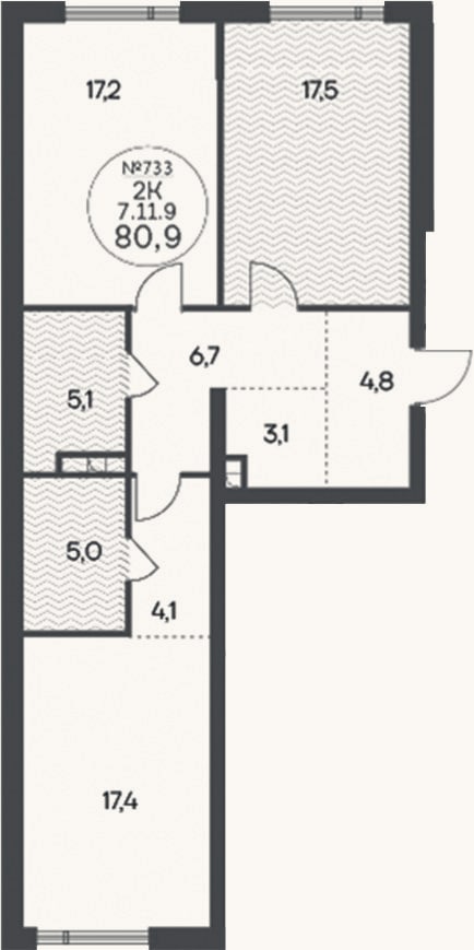 Планировка: 2-к, 80,9 м²
