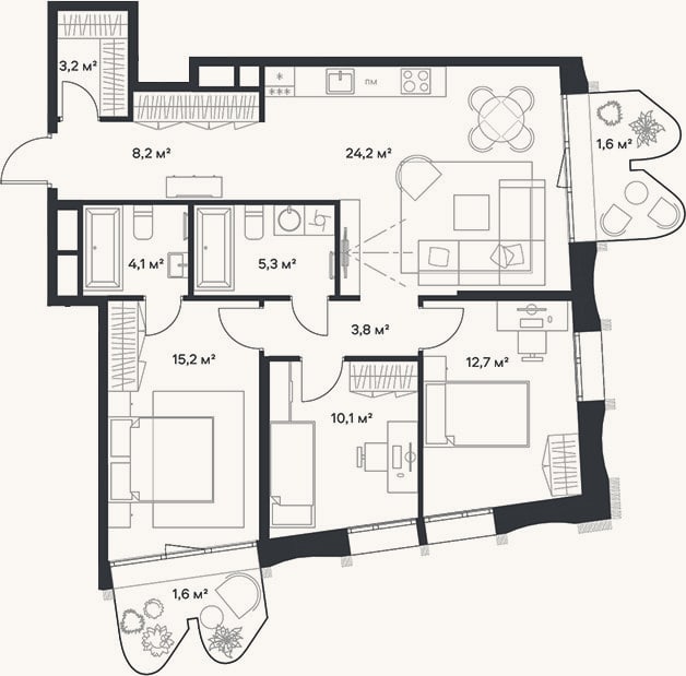 Планировка: 4+ к, 86,8 м²