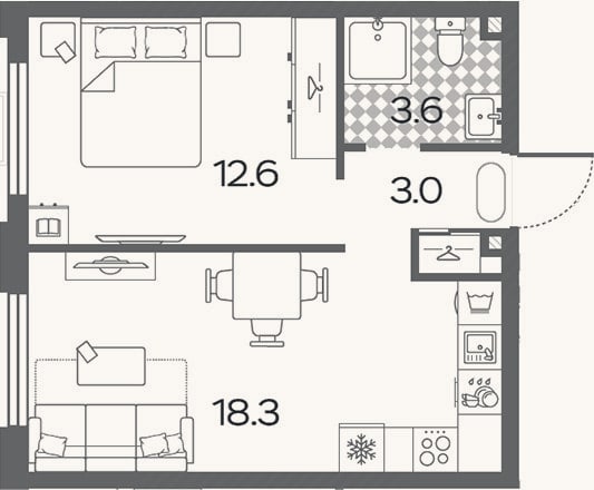 Планировка: 2-к, 37,5 м²
