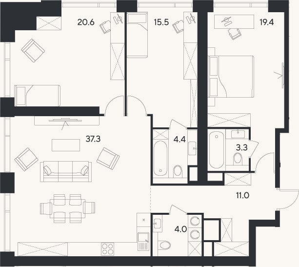 Планировка: 4+ к, 115,5 м²