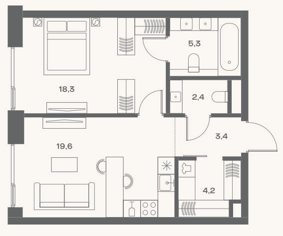 Планировка: 2-к, 53,2 м²