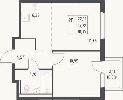 Планировка: 2-к, 37,7 м²