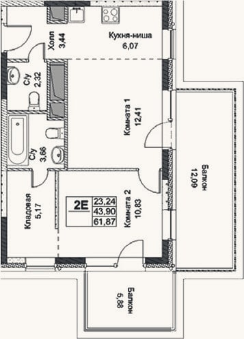 Планировка: 2-к, 43,9 м²