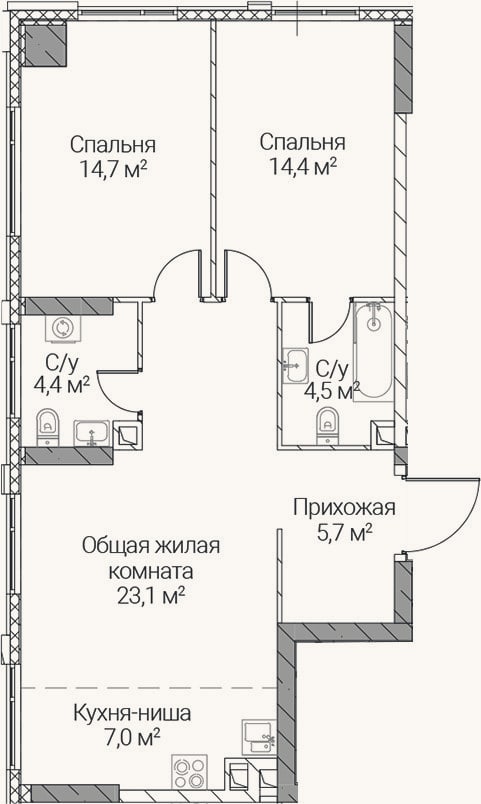 Планировка: 3-к, 73,8 м²
