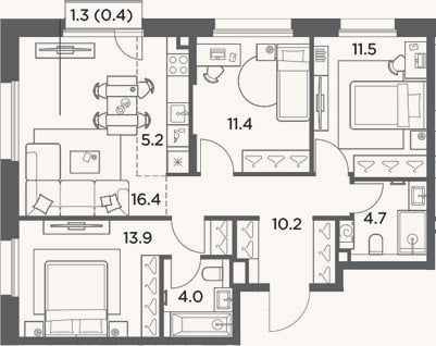Планировка: 4+ к, 77,3 м²
