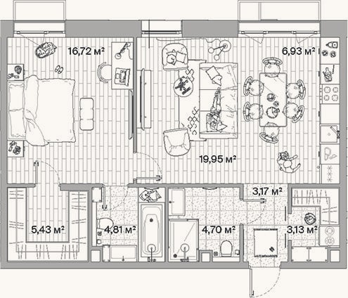 Планировка: 2-к, 64,8 м²