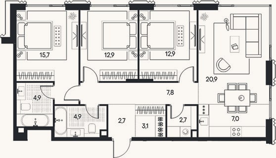 Планировка: 4+ к, 95,5 м²