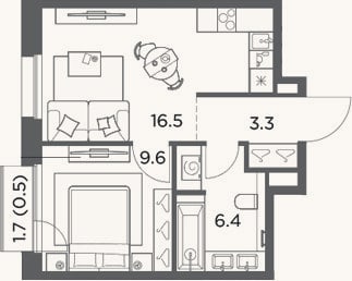 Планировка: 1-к, 35,8 м²