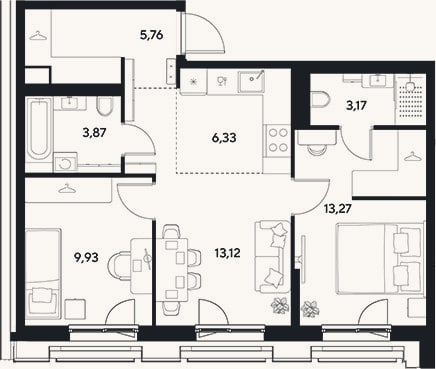 Планировка: 3-к, 55,5 м²