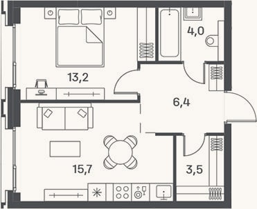 Планировка: 2-к, 42,8 м²