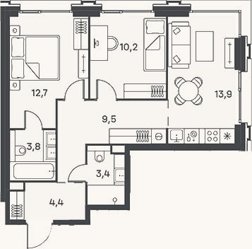 Планировка: 3-к, 57,1 м²