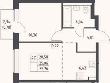 Планировка: 2-к, 35,1 м²