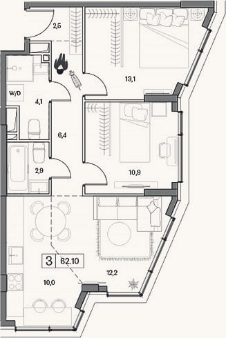 Планировка: 3-к, 62,1 м²