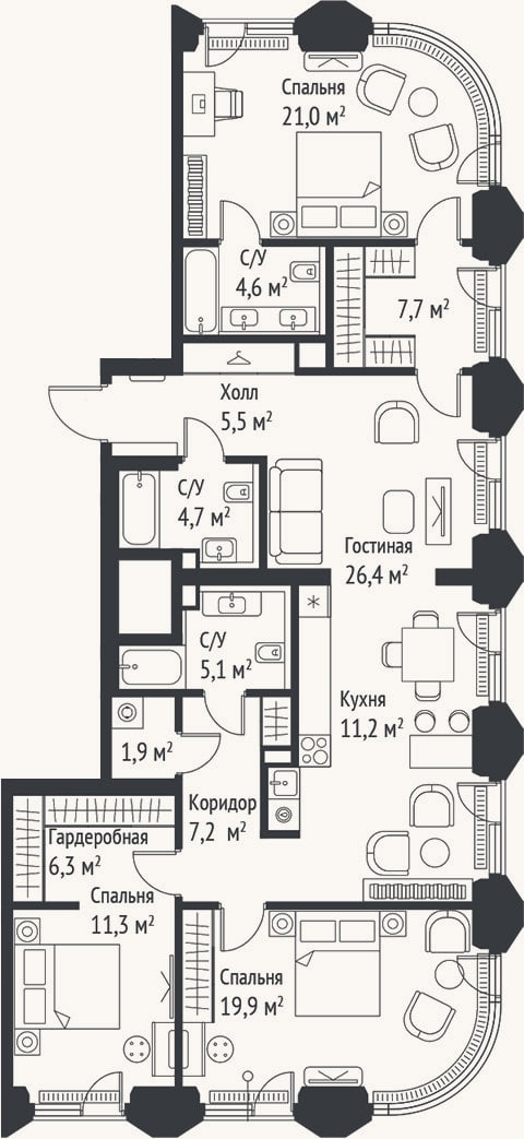 Планировка: 4+ к, 132,8 м²