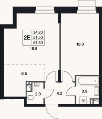 Планировка: 2-к, 51,5 м²