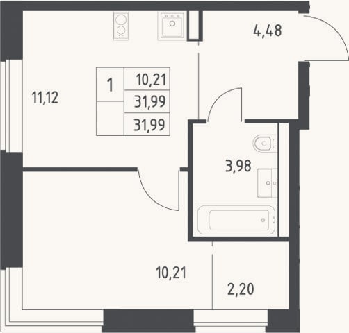 Планировка: 1-к, 32 м²