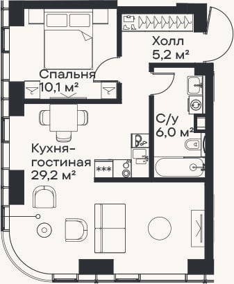 Планировка: 2-к, 50,5 м²