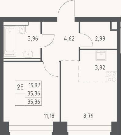 Планировка: 2-к, 35,4 м²
