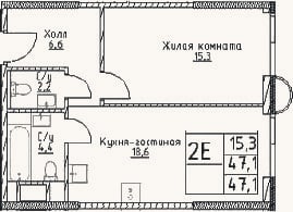 Планировка: 2-к, 47,1 м²