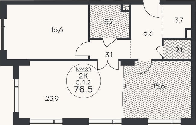 Планировка: 2-к, 76,5 м²