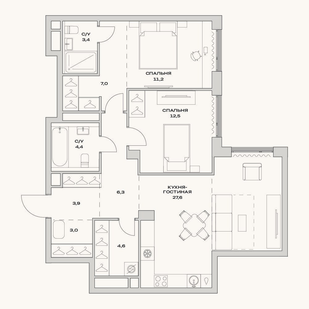 Планировка: 3-к, 83,9 м²