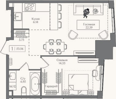 Планировка: 2-к, 53,6 м²