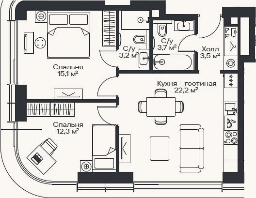 Планировка: 3-к, 58,1 м²