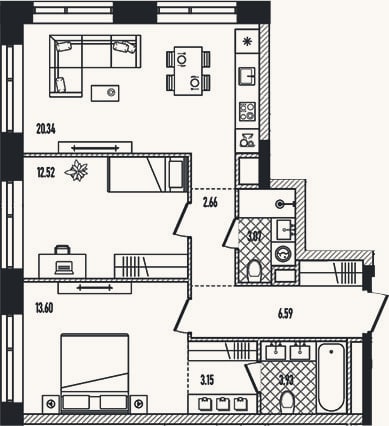 Планировка: 3-к, 65,7 м²