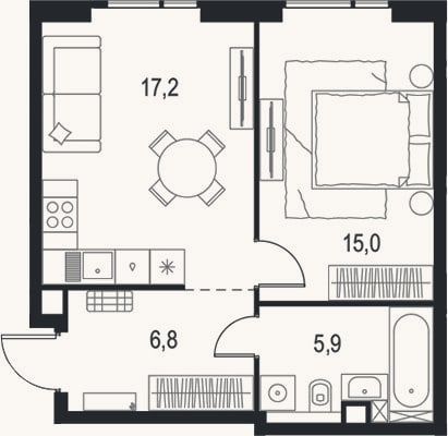 Планировка: 2-к, 44,9 м²
