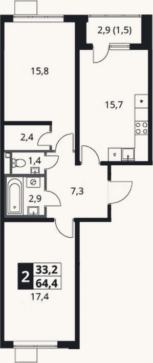Планировка: 2-к, 62,9 м²
