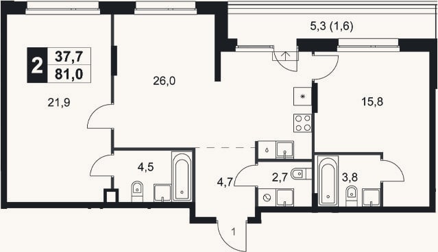 Планировка: 2-к, 79,4 м²