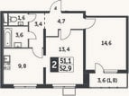 Планировка: 2-к, 51,1 м²