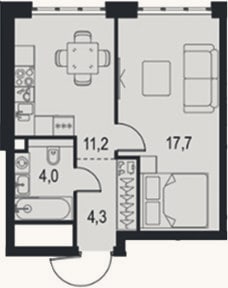 Планировка: 1-к, 37,2 м²