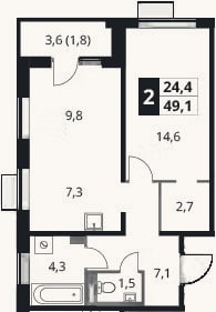 Планировка: 2-к, 47,3 м²