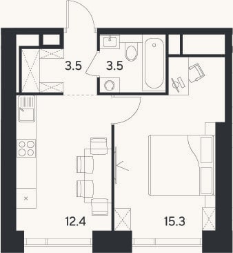 Планировка: 1-к, 34,7 м²
