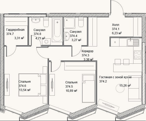 Планировка: 3-к, 60,5 м²
